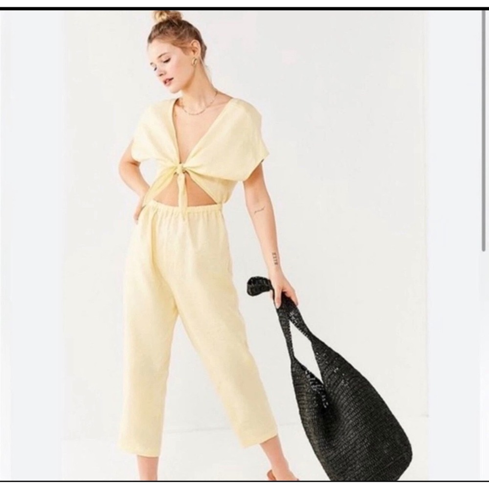 Urban Outfitters Yellow Linen Blend Front Tie Cutout Jumpsuit NWT Size M